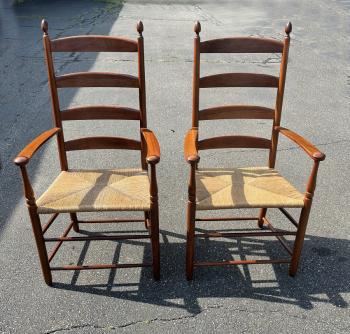 Image of Shaker style pair of cherry arm chairs with rush seats