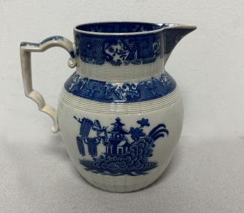 Image of Blue and white Staffordshire pitcher in Chinoiserie pattern