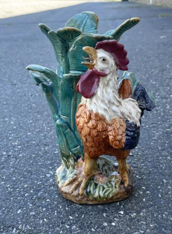 Image of 19thc majolica crowing rooster vase