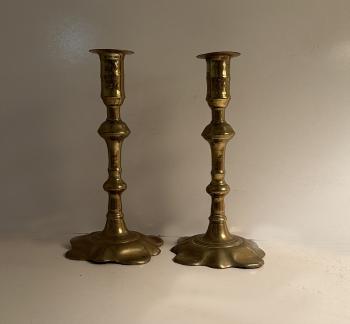 Image of English brass petal base candlesticks c1760