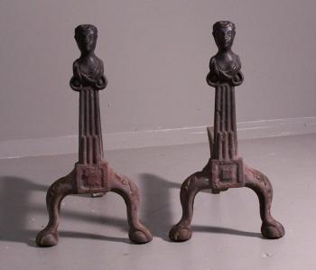 Image of Rare pair of Early American cast iron Andirons 1790
