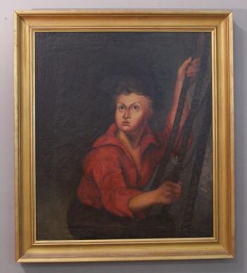 Image of Early English oil painting of a sailor holding ropes c1800