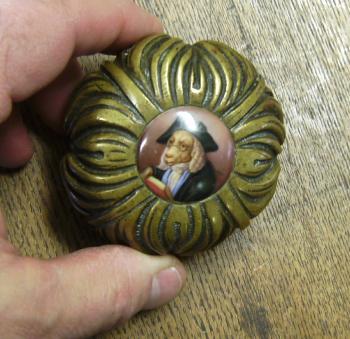 Image of English brass walking stick cap with porcelain dog insert c1800