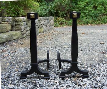 Image of Bradley and Hubbard iron and brass fireplace andirons c1920