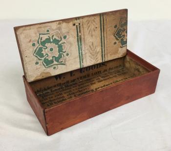 Image of Early Massachusetts advertising box with red wash